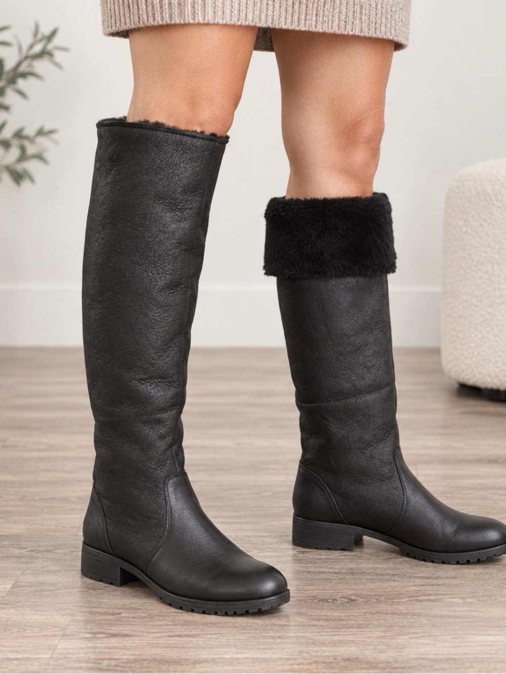 Kelsi Dagger Black Over-the-Knee Faux Fur Cuff Boots